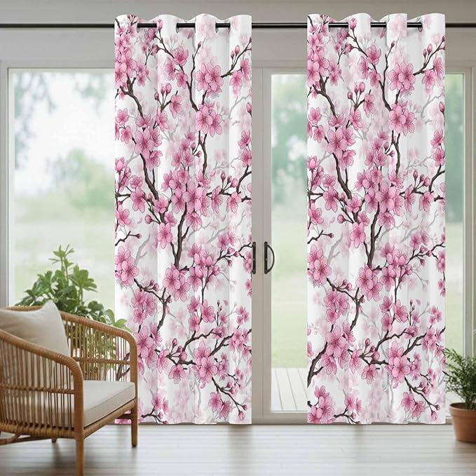 Cherry Flowers Outdoor Curtains for Patio Spring Flower Vintage Watercolor Waterproof Outside Curtains with Grommet Top Weatherproof Curtain for Cabana Pergola Gazebo, 2 Pack, 54" W x 84" L