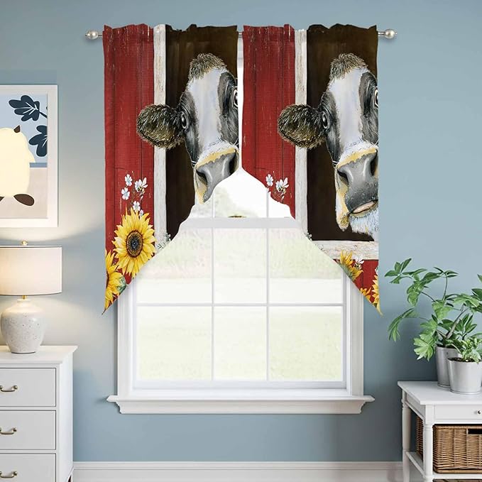 Cows Sunflowers Swag Valances for Windows, Rustic Farms Barns Flowers Bees Animals Rod Pocket Kitchen Curtains Valance, Kitchen Window Curtains Swag for Cafe Bathroom Living Room, 2 Panels, 36x63 inch