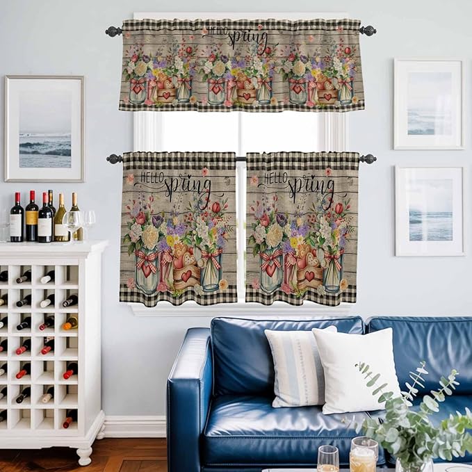 Spring Flowers Kitchen Curtains Set 3 Piece for Windows, Rod Pocket Valance and Tier Set 24 Inch Length, Farmhouse Vintage Black Plaid Wood Grain Light Filtering Cafe Curtains for Living Room Bathroom