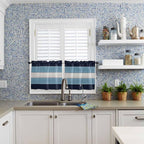Vintage Country Woodcuts Window Valance Curtains, Blue Gradient Striped Light Filtering Kitchen Valance with 3-inch Rod Pocket for Living Room Bathroom Bedroom,2 Panel,27.5x24In
