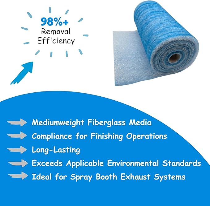 Paint Booth Exhaust Fiberglass Filter Roll, Blue/White Paint Arrestor for Spray Booth (25" x 200ft)