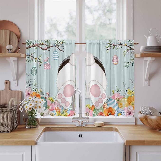 Easter Bunny Kitchen Curtains 45 Inch Long 2 Panel Set,Rod Pocket Window Treatment,Easter Eggs Spring Farmhouse Wood Grain Teal Blue Light Filtering Short Curtains & Drapes Laundry 52"W x 45"L