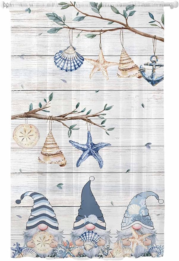 Sheer Curtains 84 Inches Long, Coastal Eucalyptus Semi Sheer Curtains Light Filtering Window Treatment, Ocean Blue Gnomes Starfish Leaf Wood Grain Privacy Voile Drapes for Living Room 52x84 Inch
