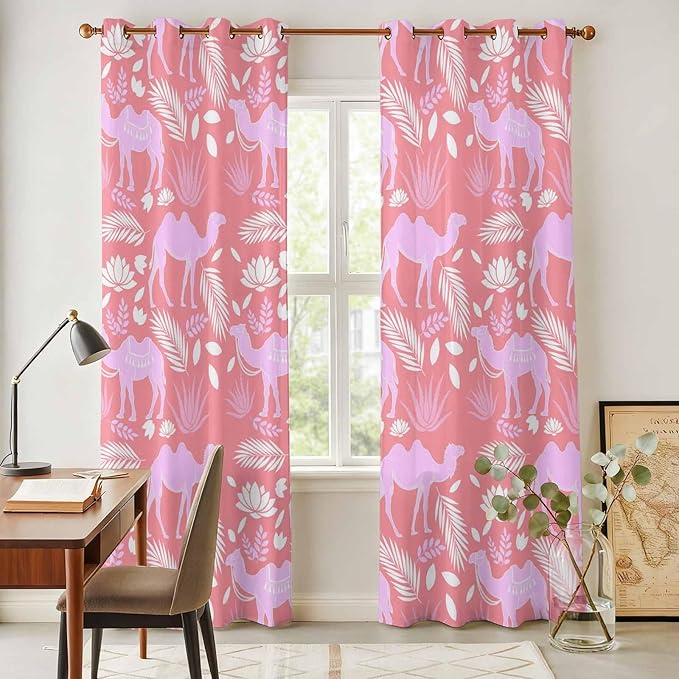 2 Panel Kitchen Cafe Curtains, Desert Camel Sunlight Filtering Nature Air Through, Window Decor Tier Curtains for Living Room 104W x 96L inch Vintage Sand Camel Leaves Flower Pattern Pink