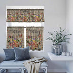 Spring Flowers Kitchen Curtain Set, Farmhouse Vintage Black Plaid Wood Grain Window Valance and Tiers 24" Length, Light Filtering Short Curtains Valance for Cafe Bathroom Bedroom 54"x18"