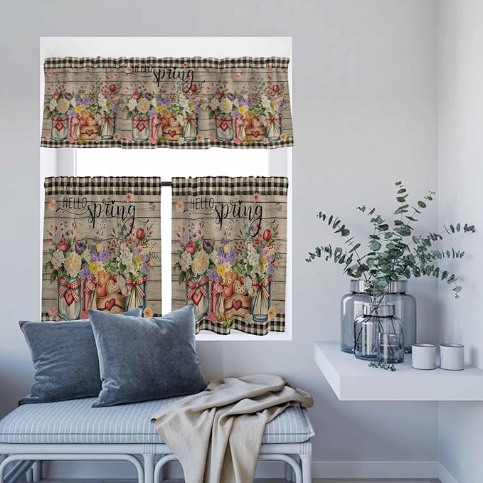 Spring Flowers Kitchen Curtain Set, Farmhouse Vintage Black Plaid Wood Grain Window Valance and Tiers 36" Length, Light Filtering Short Curtains Valance for Cafe Bathroom Bedroom 54"x18"