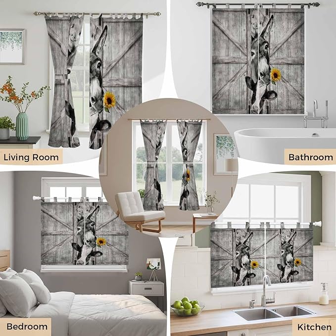Funny Farm Animals Bedroom Curtains 72 Inch Length, Window Curtains Tab Top, Vintage Barn Grey Sunflowers Light Filtering Window Treatments Drapes 52"x72" 2 Panel