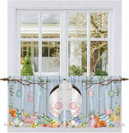Easter Kitchen Tier Curtains 24 Inch Long 2 Panel Set,Rod Pocket Cafe Small Window Curtains Over Sink,Spring Watercolor Bunny Eggs Flower Wood Grain Blue Light Filtering Short Drapes 27.5"W x 24"L