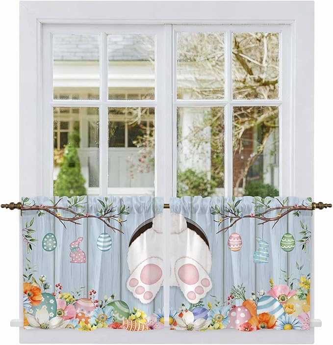 Easter Kitchen Tier Curtains 24 Inch Long 2 Panel Set,Rod Pocket Cafe Small Window Curtains Over Sink,Spring Watercolor Bunny Eggs Flower Wood Grain Blue Light Filtering Short Drapes 27.5"W x 24"L