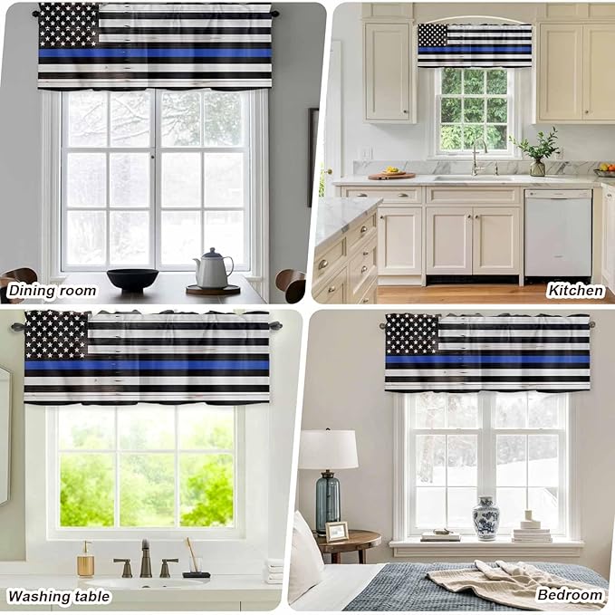 American Flag Valances for Windows, Blue Line Star Black White Stripes Wood Grain Kitchen Valance Light Filtering Rod Pocket Short Curtains for Kitchen Bathroom, 1 Panel, 60"x18"