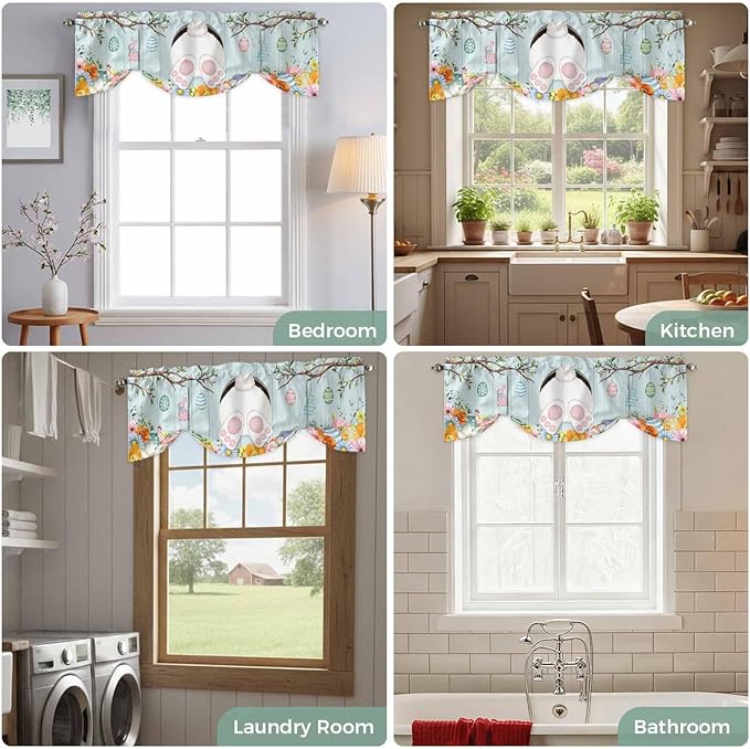 Easter Bunny Tie Up Valance Curtains for Windows, Kitchen Curtains Window Shades, Easter Eggs Spring Farmhouse Wood Grain Teal Blue Light Filtering Curtain Valances for Bedroom/Bathroom/Cafe 42"x12"