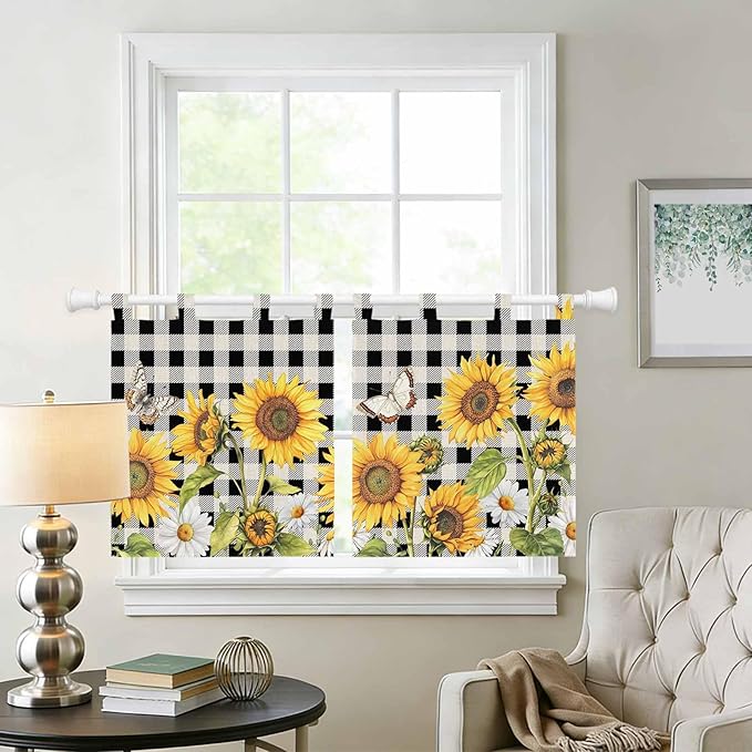 Sunflowers Kitchen Curtains 24 Inch Length, Small Window Curtains Tab Top, Yellow Flowers Butterfly Farmhouse Black Plaid Light Filtering Short Window Treatments Tier Drapes 27.5"x24" 2 Panel