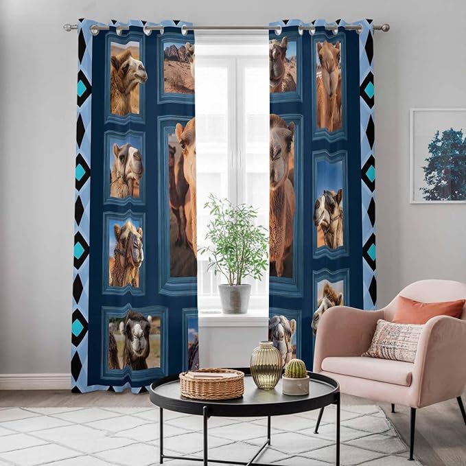 2 Panel Kitchen Cafe Curtains, Desert Camels Sunlight Filtering Nature Air Through, Home Decor Window Covering Tier Curtains for Living Room 104W x 96L inch Wildlife Brown Animals Blue Geometric
