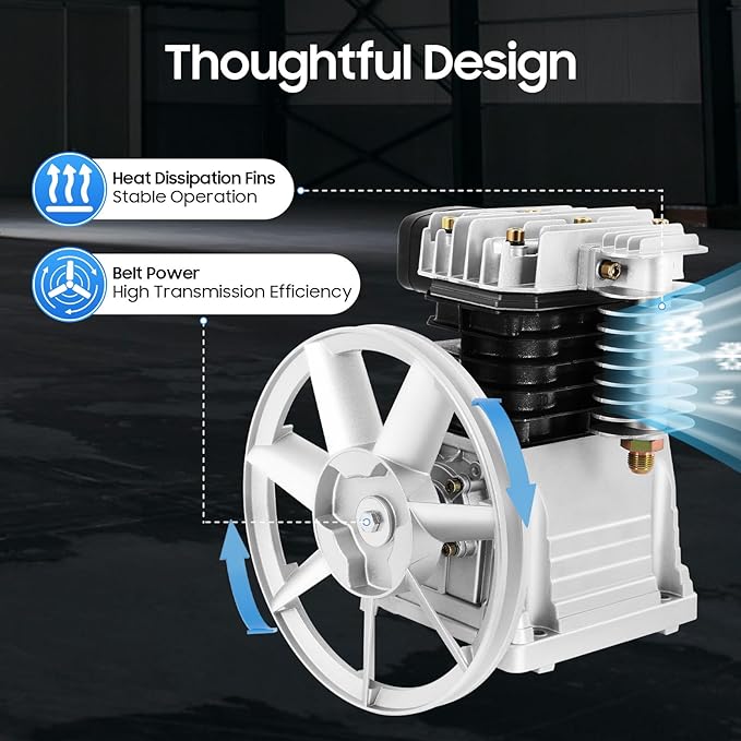 Air Compressor Pump Head, Twin Cylinder Air Compressor Head with 3Hp Powerful Function Exhaust Valve Design and Good Heat Dissipation Air Filter Muffler Industrial Compressor Pump Motor for Electronic