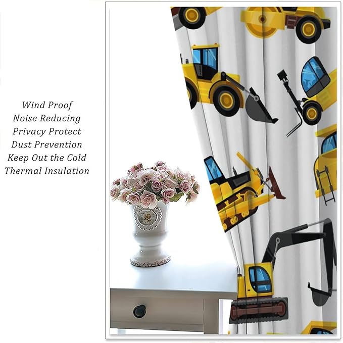 Kids Construction Equipment Window Curtains, Excavator Tractor Tow Truck Rod Pocket Decorative Windows Curtain for Children Teens Boys Girls Room Decor 72x63in (30% Blackout)