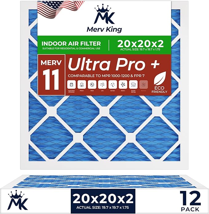 MervKing 20x20x2 Air Filter Actual Size: 19.7" x 19.7" x 1.75" MERV 11 MPR 1000-1200 | MADE IN USA | 12-Pack | Pleated HVAC AC Furnace Replacement