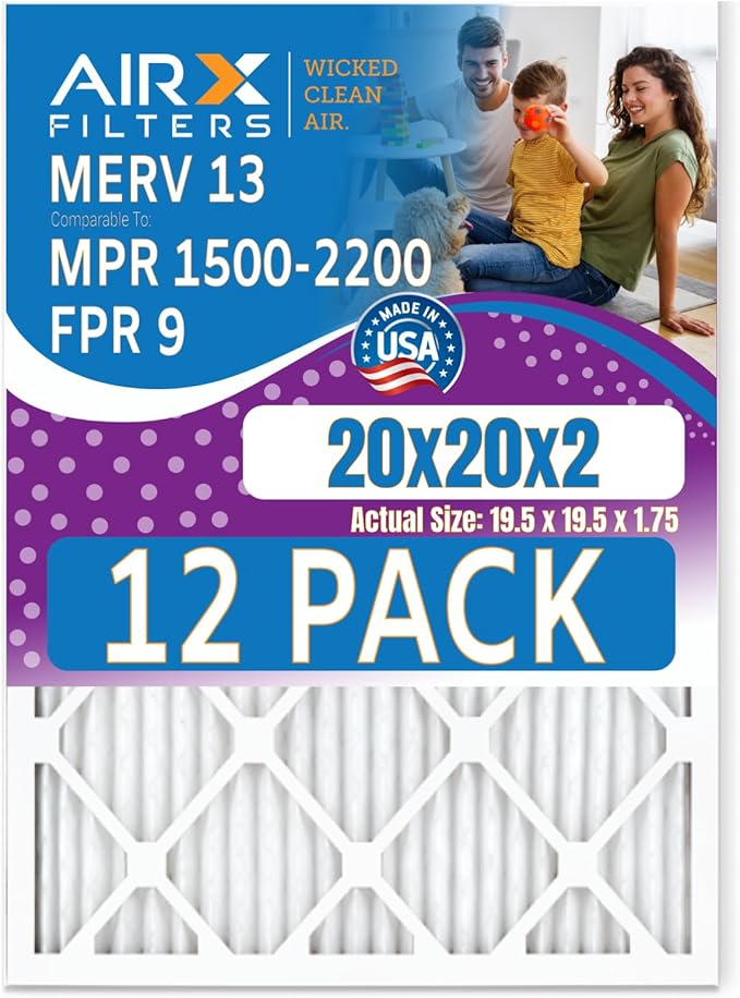 20x20x2 Air Filter MERV 13 Rating, 12 Pack of Furnace Filters Comparable to MPR 1500-2200 & FPR 9 - Made in USA by AIRX FILTERS WICKED CLEAN AIR.