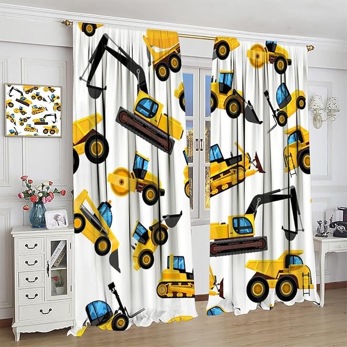 Kids Construction Equipment Window Curtains, Excavator Tractor Tow Truck Rod Pocket Decorative Windows Curtain for Children Teens Boys Girls Room Decor 63x63in (30% Blackout)
