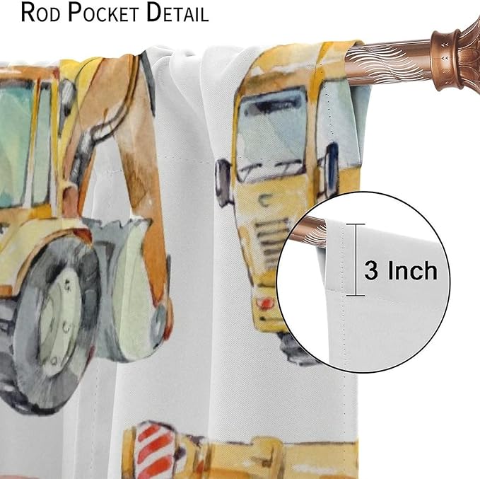 Kids Excavator Curtains, Retro Truck Tractor Machinery Construction Vehicle Crane Digger Mixer Rod Pocket Decorative Windows Curtain for Teens Girls Boys Room 55x63in (30% Blackout)