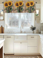 Kitchen Valances for Window, Watercolor Sunflower Retro Board Light Filtering Rod Pocket Valance Curtain, Farm Brown Wood Grain Short Curtains Window Topper for Bedroom Bathroom Living Room 54x18in