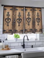 Sheer Curtains 45 Inch Length, Barn Door Semi Sheer Curtains Light Filtering Window Treatment, Farmhouse Wooden Grain Rustic Tribal Pattern Privacy Voile Drapes for Living Room Bedroom 52x45 Inch