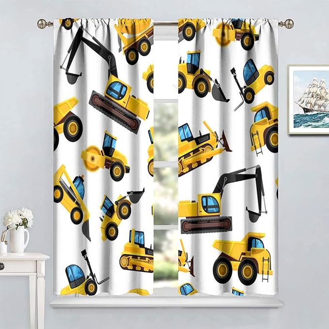 Kids Construction Equipment Window Curtains, Excavator Tractor Tow Truck Rod Pocket Decorative Windows Curtain for Children Teens Boys Girls Room Decor 72x63in (30% Blackout)