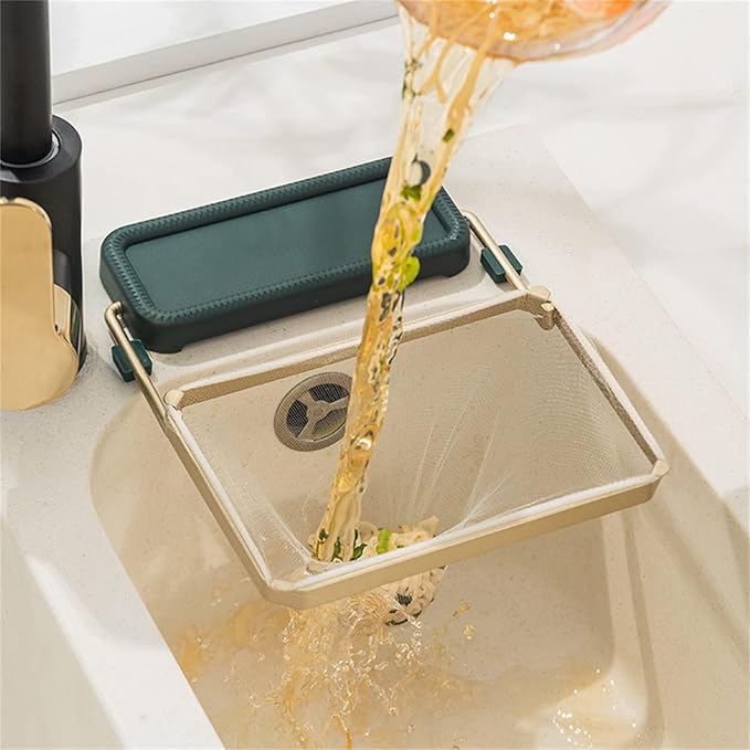 Kitchen Food Waste Filter Basket with 50Pcs Mesh Bag Collapsible Residue Filter Screen Holder Square Bracket Corner Hanging Drain Rack Sink Strainer Green 1pcs