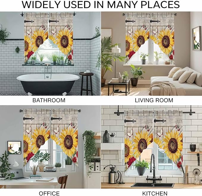 Red Yellow Sunflowers Swag Valances for Windows, Retro Rustic Barn Doors Butterfly Brown Rod Pocket Kitchen Curtains Valance, Kitchen Window Curtains Swag for Cafe Living Room, 2 Panels, 36x45 inch