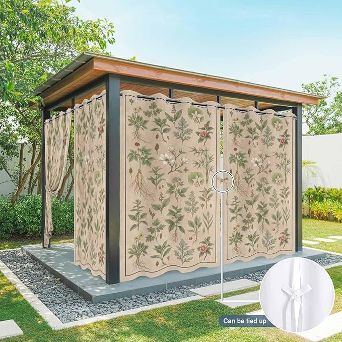 Vintage Outdoor Curtains for Patio Grass Herbal Botanical Garden Plants Waterproof Outside Curtains with Grommet Top Weatherproof Curtain for Cabana Pergola Gazebo, 2 Pack, 54" W x 95" L