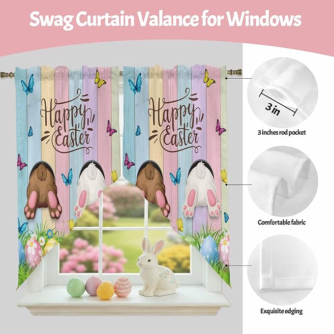 Swag Curtain Valances for Kitchen Windows,Happy Easter Rabbit Butt Egg on Daisy Leaf Short Rod Pocket Window Valance,Bufferfly on Wood Barn Swag Topper for Bedroom Living Room,2 Panels 28x36in