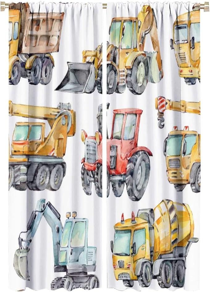 Kids Excavator Curtains, Retro Truck Tractor Machinery Construction Vehicle Crane Digger Mixer Rod Pocket Decorative Windows Curtain for Teens Girls Boys Room 42x63in (30% Blackout)