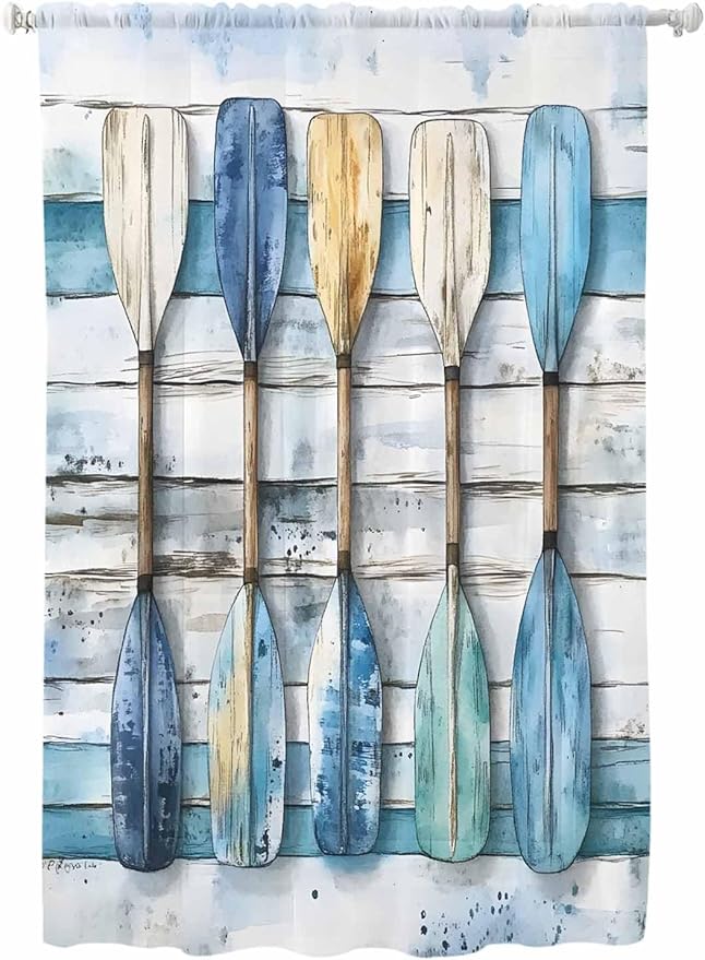 Sheer Curtains 63 Inch Length, Lake Paddle Striped Semi Sheer Curtains Light Filtering Window Treatment, Watercolor Vintage Wood Grain Privacy Voile Drapes for Living Room Bedroom 52x63 Inch