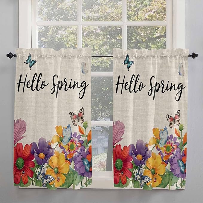 Spring Flowers Kitchen Curtains 54 Inches length, Farmhouse Vintage Country Colorful Floral Window Treatment Curtain Drapes, Thermal Insulated Drapes for Basement Hotel RV, 42"x54", 2 Panels
