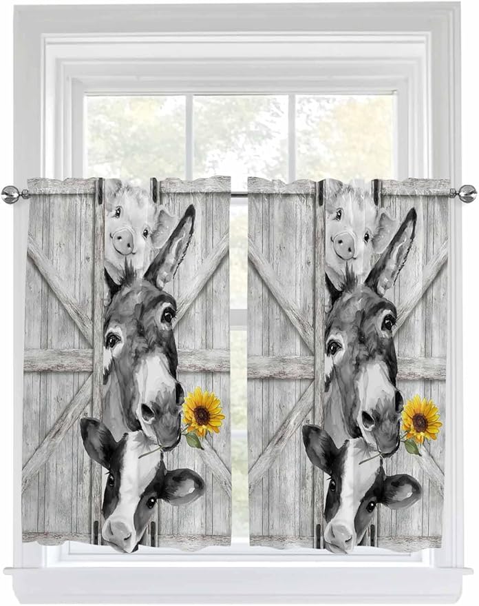 Grey Farmhouse Tier Curtains 45 Inches Long, Vintage Sunflowers Animals Printed Window Treatment Curtain Drapes, Small Curtain Drapes for Bathroom Laundry Room, 27.5"x45", 2 Panels