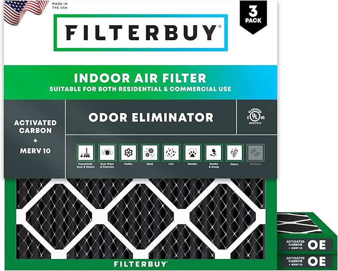 Filterbuy 25x25x1 Air Filter MERV 10 Odor & Allergy Defense with Activated Carbon (3-Pack), Electrostatic Pleated HVAC AC Furnace Filters Replacement, Made in USA (Actual Size: 24.50 x 24.50 x 0.75)