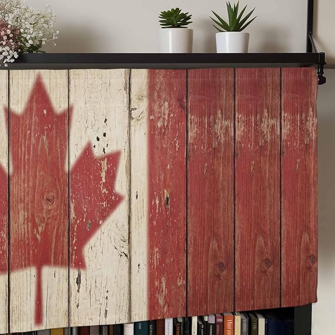 Canada Curtain Valances for Windows, Kitchen Valance Window Treatment, Red Maple Leaf Flag Vintage Farmhouse Wooden Grain Light Filtering Block Curtains for Bathroom/Bedroom/Living Room 60'' x 18''