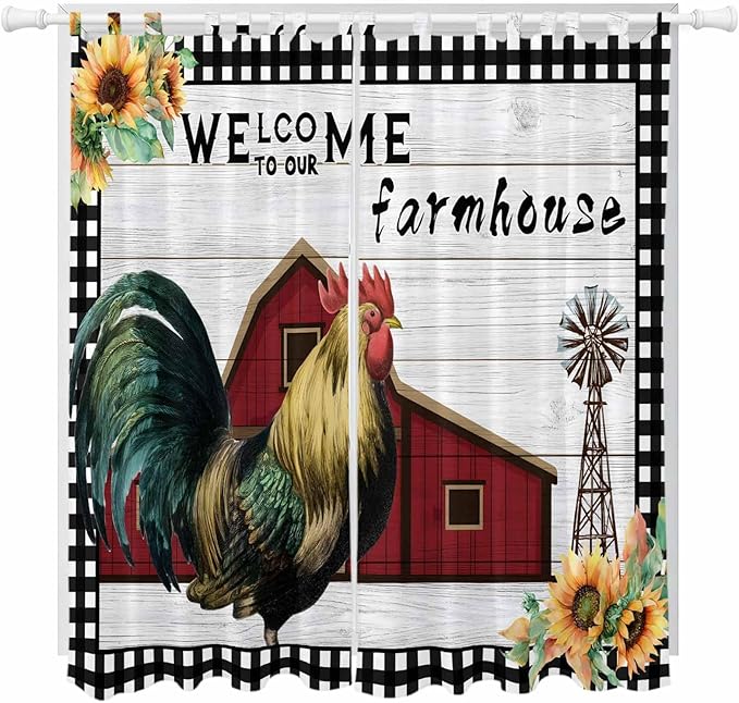 Farmhouse Rooster Living Room Curtains 84 Inch Length, Window Curtains Tab Top, Rustic Red Barn Windmill Sunflowers Light Filtering Window Treatments Drapes 52"x84" 2 Panel