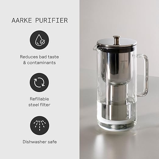 Aarke Purifier Regular 1.18L Glass Pitcher Bundle w/Steel Filter, BPA-Free, 4 Pure Refill Granules - Filters Heavy Metals