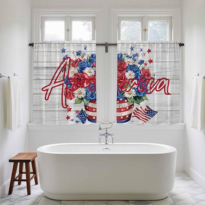 Independence Day Kitchen Curtains 45 Inch Long 2 Panel Set, Rod Pocket Window Treatment, 4 of July Rose Wooden Grain Vintage Light Filtering Panels Short Drapes for Bathroom Camper 42"W x 45"L