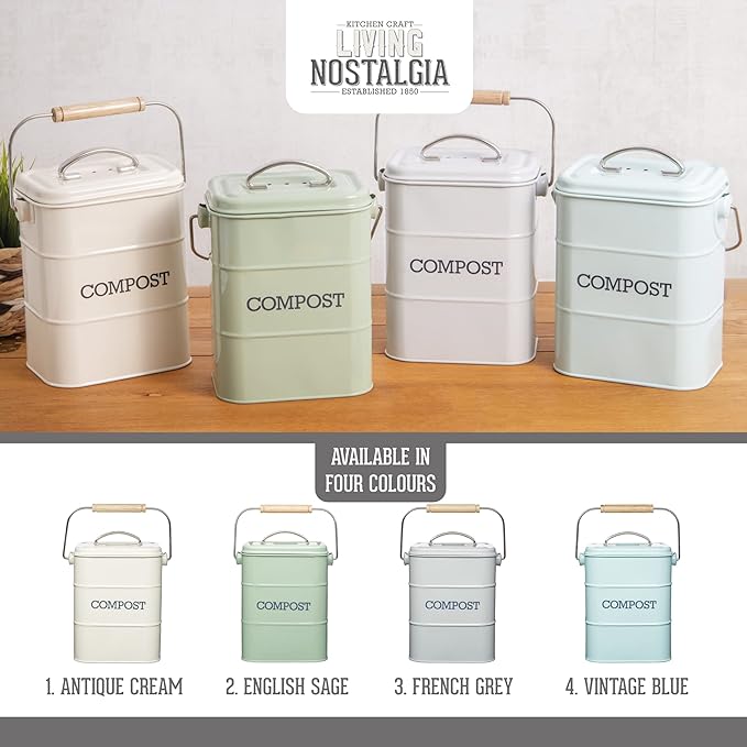 KitchenCraft Living Nostalgia Kitchen Compost Bin, Metal, 16.5 x 12 x 24 cm, Antique Cream