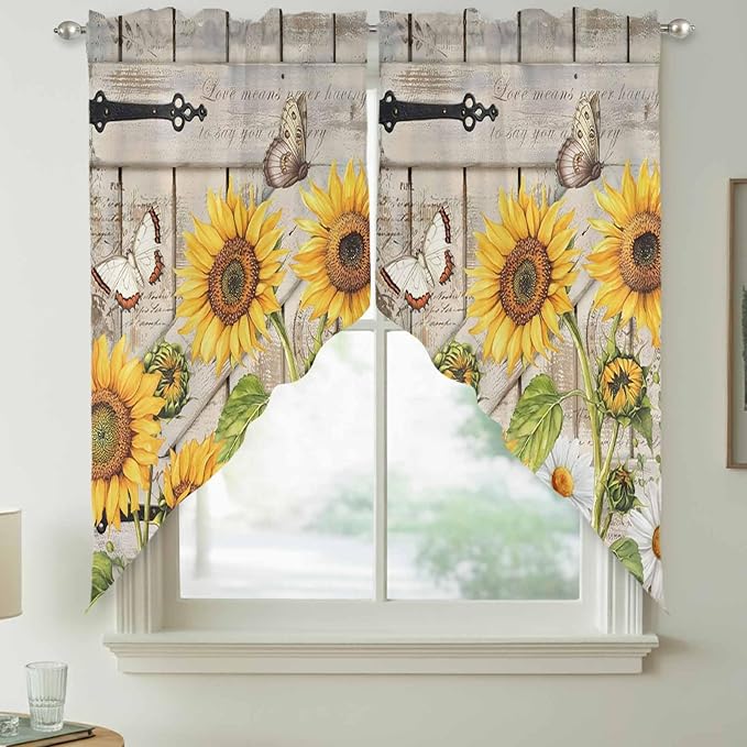 Farm Flowers Swag Valances for Windows, Retro Sunflowers Barn Doors Butterfly Wood Board Rod Pocket Kitchen Curtains Valance, Kitchen Window Curtains Swag for Cafe Living Room, 2 Panels, 36x63 inch