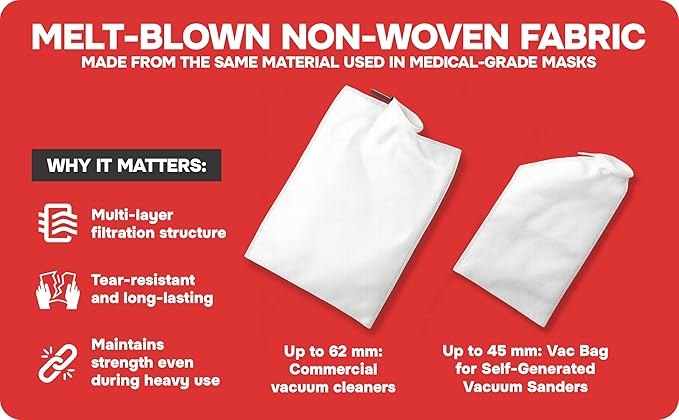 Dust Collection Bag (Large, 10-Pack) Shop Vac–Ready Vacuum Bags with High-Efficiency Filter Media, Easy Swap, Exclusive One-Hand Quick-Release Strap, Shop Vac Hose Fits up to 62mm