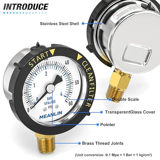 MEANLIN MEASURE 0~60Psi Stainless Steel Start and Clean Filter Pressure Gauge 1/4" NPT 2"FACE DIAL Waterproof for Pool Filter Pump Swimming Pool, spa, Aquarium Lower Mount with Rotatable Plastic Frame