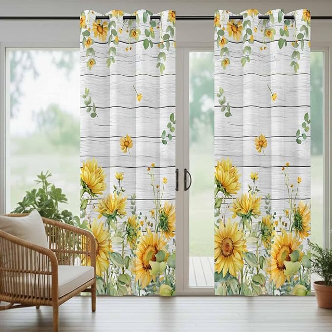Sunflowers Outdoor Curtains for Patio Summer Floral Eucalyptus Leaf Wood Plank Waterproof Outside Curtains with Grommet Top Weatherproof Curtain for Cabana Pergola Gazebo, 1 Panel, 54" W x 95" L