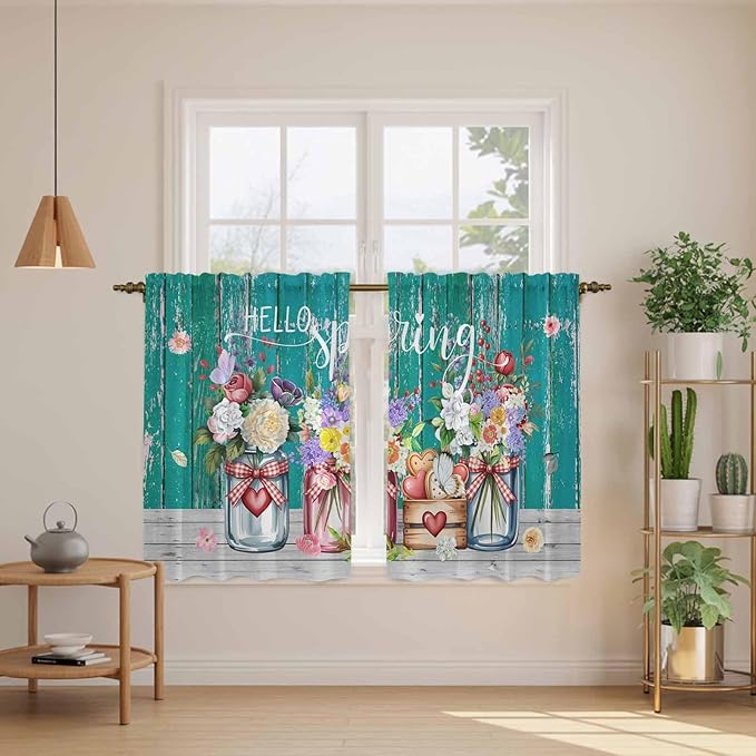 Spring Flowers Kitchen Curtains, Farmhouse Watercolor Teal Wood Grain Light Filtering Window Curtain Panels, 2Pcs Rod Pocket Window Treatments Set for RV Dining Room Study Room 42x54 Inches
