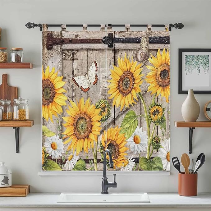 Farmhouse Sunflowers Living Room Curtains 84 Inch Length, Window Curtains Tab Top, Rustic Barn Doors Flowers Butterfly Wooden Light Filtering Window Treatments Drapes 42"x84" 2 Panel