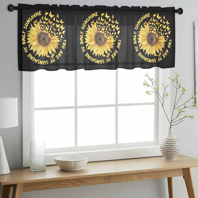 YOU ARE MY SUNSHINE Sheer Valance Curtains, Summer Sunflowers Golden Gradient Butterflies Light Filtering Kitchen Valances Rod Pocket Voile Curtain Treatment for Bedroom/Living Room/Basement 54Wx18L