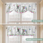 Spring Tie Up Valance Curtains for Windows, Kitchen Curtains Window Shades, Bicycles Botanical Rose Leaves Butterfly Wood Grain Light Filtering Roman Curtain Valances for Bedroom/Bathroom/Cafe 60"x18"