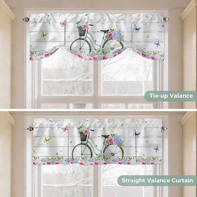 Spring Tie Up Valance Curtains for Windows, Kitchen Curtains Window Shades, Bicycles Botanical Rose Leaves Butterfly Wood Grain Light Filtering Roman Curtain Valances for Bedroom/Bathroom/Cafe 60"x18"