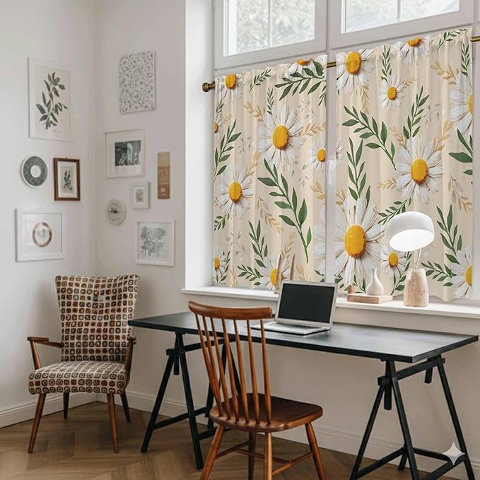 Spring Daisy Tier Curtains, Country Watercolor Flower Leaf Plant Light Filtering Kitchen Curtains, 2Pcs Rod Pocket Half Window Treatments Panels for Sink Cafe Cabinet Basement 27.5x45 Inches